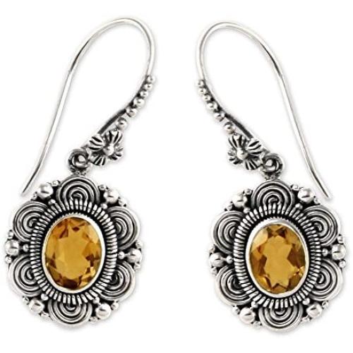 NOVICA Citrine .925 Sterling Silver Dangle Hook Earrings Balinese Sunflower