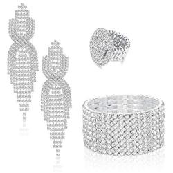 SAILIMUE Silver Rhinestone Crystal Bridal Jewelry Set Long Chandelier Tassel Dangle Earrings Sparkling Stretch Bracelet Bangle Ring Fringe Necklace Jewelry Set for Bridal Wedding Party