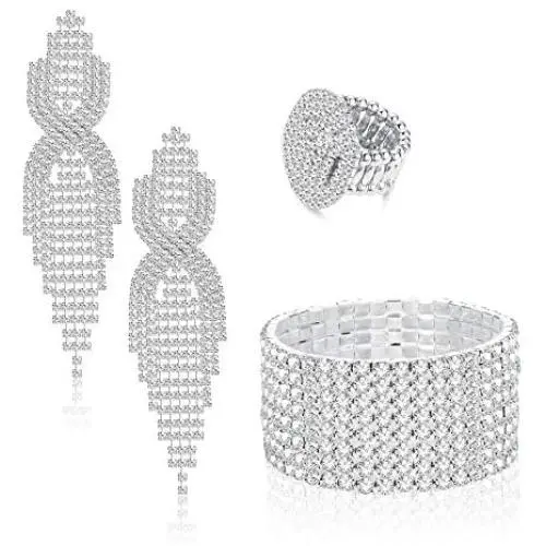 SAILIMUE Silver Rhinestone Crystal Bridal Jewelry Set Long Chandelier Tassel Dangle Earrings Sparkling Stretch Bracelet Bangle Ring Fringe Necklace Jewelry Set for Bridal Wedding Party SAILIMUE Silver Rhinestone Crystal Bridal Jewelry Set Long Chandelier Tassel Dangle Earrings Sparkling Stretch Bracelet Bangle Ring Fringe Necklace Jewelry Set for Bridal Wedding Party