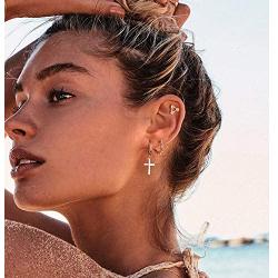 Fettero Gold Huggie Hoop Earrings Star Cross Lock Lightning Spike Evil Eye Fan Bead Dangle Drop Snake Sleeper 14K Gold Plated Dainty Minimalist Simple Boho Hypoallergenic Jewelry Gift for Women Men