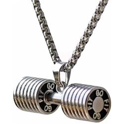 JAJAFOOK Mens Stainless Steel Fitness Gym Dumbbell Weight Lifters Barbell Chain Pendant Necklace