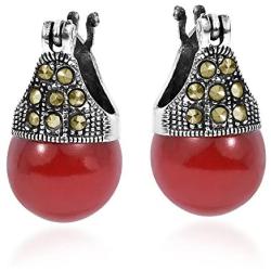 Vintage Marcasite Style Pyrite & Reconstructed Red Coral 12 mm .925 Sterling Silver Earrings