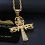 Lee Island Fashion 24K Gold Plated CZ Eye of Horus and Scarab Egyptian Protection Ankh Cross Pendant Stainless Steel Necklace, 24 Inch Chain Jewelry