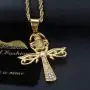 Lee Island Fashion 24K Gold Plated CZ Eye of Horus and Scarab Egyptian Protection Ankh Cross Pendant Stainless Steel Necklace, 24 Inch Chain Jewelry