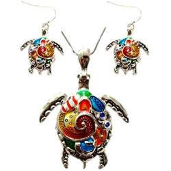 DianaL Boutique Beautiful Sea Turtle Tortoise Pendant and Earrings Set with 21'' Chain