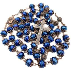 Nazareth Store Deep Blue Crystal Beads Rosary Necklace Holy Soil Medal & Cross Crucifix Christian Handmade Religious Rosaries