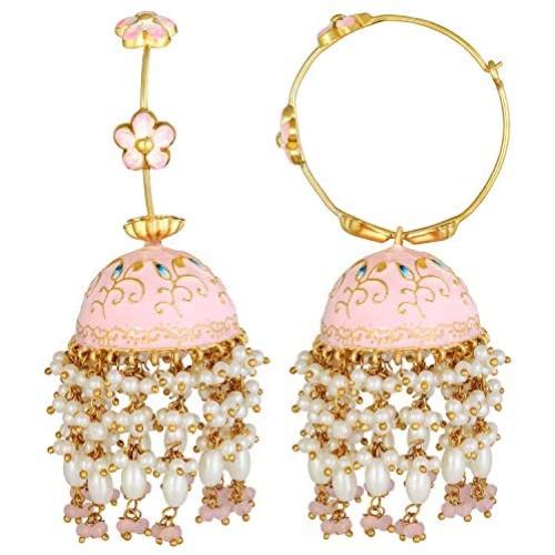 Aheli Elegant Wedding Party Designer Floral Enamel Jhumka Jhumki Earrings with Beaded Tassel Ethnic Fashion Jewelry for Indian Women