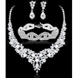Subiceto Bridal Necklace Wedding Jewelry for Bride Crystal Tennis Link Bracelet Teardrop Dangle Earrings Jewelry Set for Women Fashion Bridesmaid Wedding Jewelry Gifts