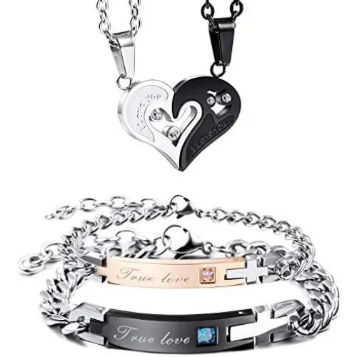 INBLUE 4PCS Couple Necklace Bracelet Matching Set for Women Men Girlfriend Boyfriend Lover Stainless Steel Love Heart Puzzle Pendant Adjustable Chain His & Hers Jewelry Gift INBLUE 4PCS Couple Necklace Bracelet Matching Set for Women Men Girlfriend Boyfriend Lover Stainless Steel Love Heart Puzzle Pendant Adjustable Chain His & Hers Jewelry Gift