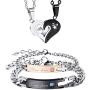 INBLUE 4PCS Couple Necklace Bracelet Matching Set for Women Men Girlfriend Boyfriend Lover Stainless Steel Love Heart Puzzle Pendant Adjustable Chain His & Hers Jewelry Gift