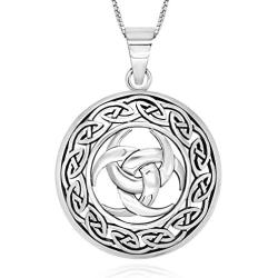 925 Sterling Silver Triple Odin Horn Triskelion Necklace Pendant Necklace, 18''