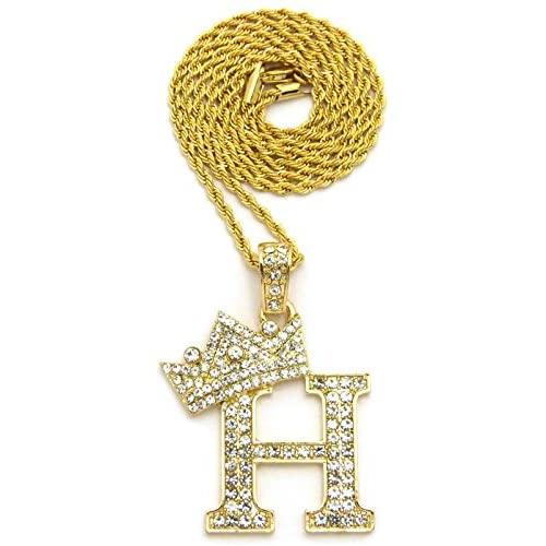 CBC Crown Rhinestone Studded Crown Initial Alphabet Letter Pendant Necklace 24'' Rope Chain Necklaces
