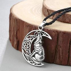 Moon Wolf Necklace Pendant Vintage Norse Viking Wolf Head Necklace Choker Hollow Crescent Moon Statement Necklace for Women n Men Fashion Jewelry Gifts