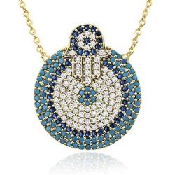 DAHI SHOP Turkish Greek Third Evil Eye Necklace Hamsa Hand of Fatima Delivered With Jewelry Gift Box Natural Gemstone 16'' Chain Gold-tone + 2'' Extender