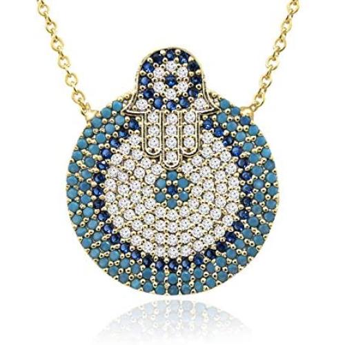 DAHI SHOP Turkish Greek Third Evil Eye Necklace Hamsa Hand of Fatima Delivered With Jewelry Gift Box Natural Gemstone 16'' Chain Gold-tone + 2'' Extender