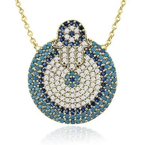 DAHI SHOP Turkish Greek Third Evil Eye Necklace Hamsa Hand of Fatima Delivered With Jewelry Gift Box Natural Gemstone 16'' Chain Gold-tone + 2'' Extender
