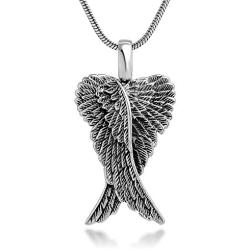 Sterling Silver 21 mm Detailed Angel Wings Charm Pendant Necklace with Snake Chain 18