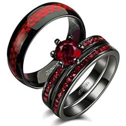 Gy Jewelry Two Rings His and Hers Wedding Ring Sets Couples Rings Womens 2PC Black Gold Filled Red Agate Cubic Zirconia Wedding Engagement Ring Bridal Sets & Mens Tungsten Carbide Wedding Band