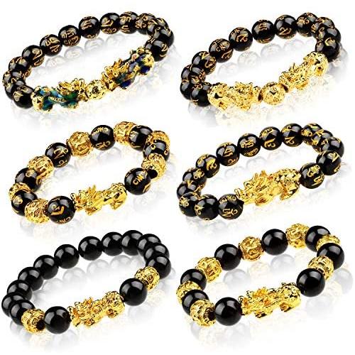 6 Pieces Chinese Feng Shui Bracelet 12 mm Feng Shui Black Obsidian Wealth Bracelet Adjustable Elastic Wealth Bracelet with Pi Xiu Pi Yao for Attracting Good Luck and Wealth