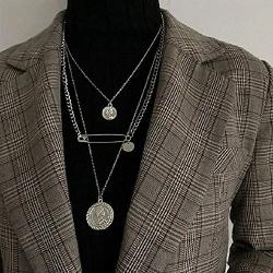 YERTTER Multi-Layered Paper Clip and Coin Pendant Necklace Boho Jewelry Set Layered Pendant Statement Chunky Chain Necklace for Women Man