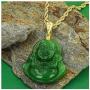 Real Simulated Green Jade Mens Women Luck Happy Green Jade Buddha Pendant Laughing Buddha Statue Gold Rope Chain Necklace Pendant Certified Grade A Jadeite Jade Hand Crafted, Jade Neckalce