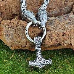GuoShuang Men Stainless Steel Viking Bear Head with Thor Mjolnir Pendant Necklace -King Chain
