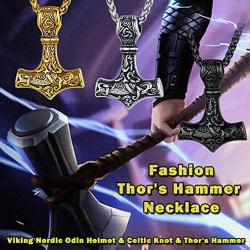 FaithHeart Norse Viking Thors Hammer Talisman Necklace, Stainless Steel Men Vintage Original Jewelry Nordic Viking Vegvisir Mjolnir Compass Amulet Pendant (Gift Packaging)