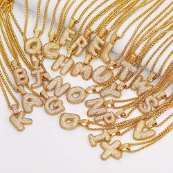 Shiny Cubic Zirconia Bubble Letters/Numbers/''$'' Necklace for Men Women Personalized 1-6 Letters Pendant with 18/22/26/28/30 Wheat/Tennis Chain 18K Gold/Platinum Plated Custom Name Jewelry