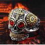 IFUAQZ Mens Vintage Stainless Steel Silver Gold Gothic Cross Sugar Skull Biker Ring with Green Eye Halloween