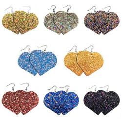 SKYFUN 9 Pairs Glitter Leather Earrings Hearts Valentines Day Faux Leather Earring Set for Women Girls Lightweight Heart Shaped Sequins Shining Earrings Jewelry