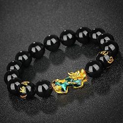 MANRUO Feng Shui The Best Prosperity Black Bead Bracelet with Color Changed Pi Xiu/Pi Yao Attract Wealth and Good Luck