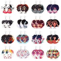 Hanpabum 16pairs African Women Earrings Ethnic Style Dorp Dangle Earring Round Natural Wooden Painted Jewelry