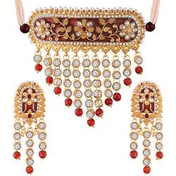 I Jewels 18K Gold Plated Indian Wedding Enamel/Meena Work Choker with Teeming Waterfall Studded Jewelry Set for Women/Girls