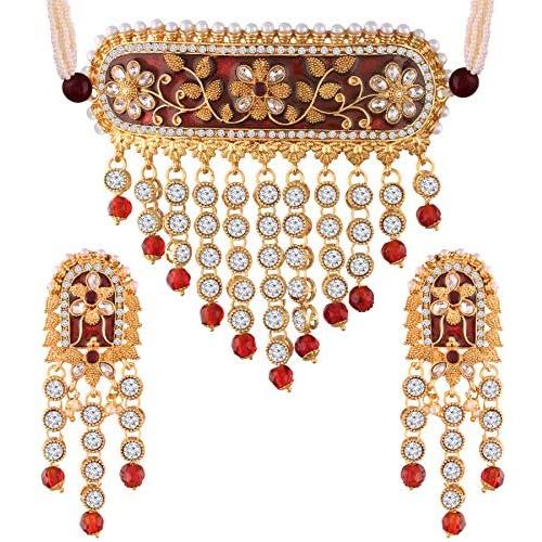 I Jewels 18K Gold Plated Indian Wedding Enamel/Meena Work Choker with Teeming Waterfall Studded Jewelry Set for Women/Girls
