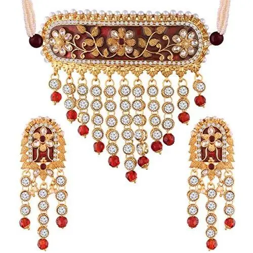 I Jewels 18K Gold Plated Indian Wedding Enamel/Meena Work Choker with Teeming Waterfall Studded Jewelry Set for Women/Girls