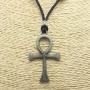 BlueRica Ankh Cross of Life Pendant on Adjustable Black Rope Cord Necklace (Old Silver Color)