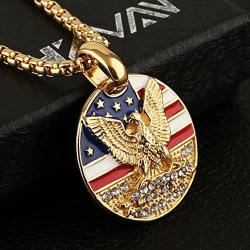 HZMAN Mens 18k Gold Plated Stainless Steel 3D Eagle American Flag Dog Tag CZ Pendant Necklace