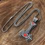 Asatru Mjölnir Jewelry Celtic Thor Mjolnir Red Gem Crystal Norse Viking Icelandic Scandinavian Thors Hammer Protection Amulet Pewter Mens Pendant Necklace Charm for men unisex w Silver Ball Chain