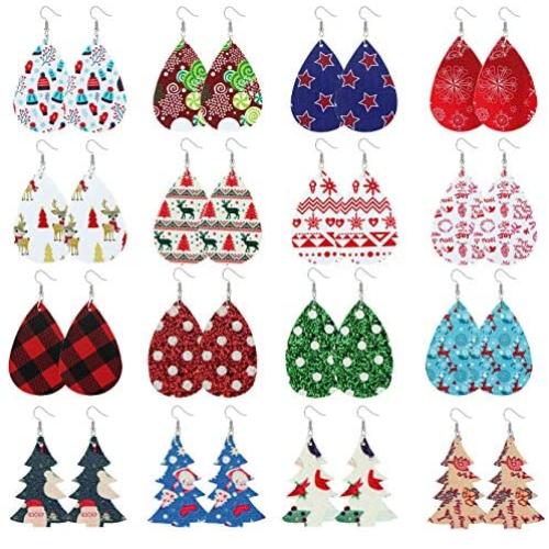 FUNRUN JEWELRY 16 Pair Teardrop Leather Earrings Christmas Tree Earring for Women Petal Dangle Drop Earring Lightweight