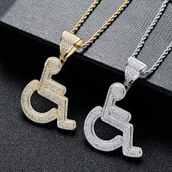 Moca Jewelry Iced Out Disabled Wheelchair Logo Pendant Necklace 18K Gold Plated Bling CZ Simulated Diamond Hip Hop Rapper Chain Necklace for Men Women