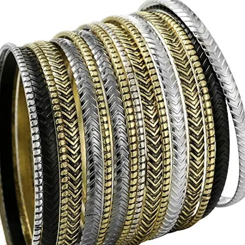 Ensoul Arrow Stripe Mixed Metal Aztec African Indian Multi Women Bangles Bracelets Set of 16/2.68'' Dia. Ensoul Arrow Stripe Mixed Metal Aztec African Indian Multi Women Bangles Bracelets Set of 16/2.68'' Dia.