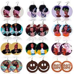 12 Pairs African Earrings for Women Wooden Earrings Round Painted Wooden Earrings Statement Ethnic Style Drop Dangle Earrings Set