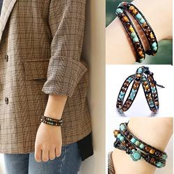 Leather Wrap Cuff Bracelet Turtle Turquoise and Tiger Eye Beads Handmade Bangle Boho Wristband for Men Women