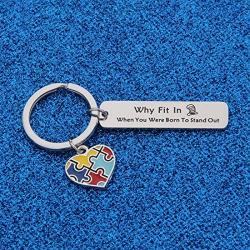 WUSUANED Autism Awareness Puzzle Piece Keychain Why Fit in When You were Born to Stand Out Gift for Autistic