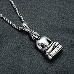 SINLEO Mens Stainless Steel Meditation Tibetan Buddha Pendant Necklace Amitabha Amulet Religious Jewelry