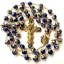 elegantmedical HANDMADE GOLD BLUE CLOISONNE ROSE BEADS ROSARY ITALY CROSS CRUCIFIX CATHOLIC NECKLACE BOX