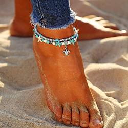 FINETOO Starfish Multilayer Charm Anklet Beads Sea Handmade Boho Anklet Foot Jewelry for Women