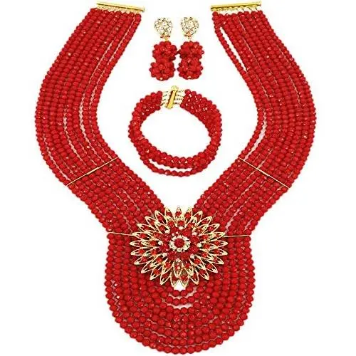 aczuv Red Nigerian Wedding African Beads Jewelry Set Crystal Necklace and Earrings for Women