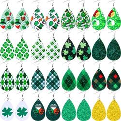 St Patricks Day 16 Pairs Green Faux Leather Earrings Teardrop Leaf Drop Earring Gift for Charm Women (Shamrock and Plaid Prints)