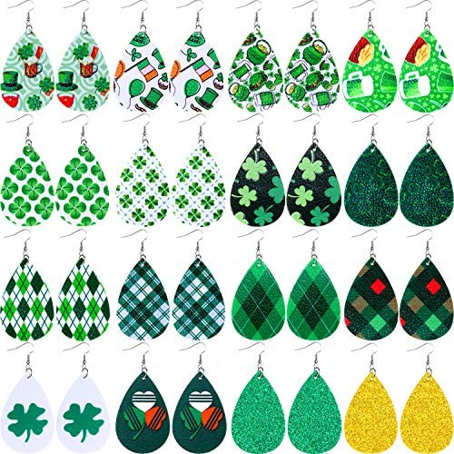 St Patricks Day 16 Pairs Green Faux Leather Earrings Teardrop Leaf Drop Earring Gift for Charm Women (Shamrock and Plaid Prints)
